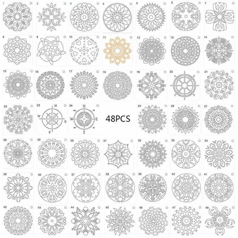 Mandala stencil készlet, 48 darabos rajzsablon csomag kreatív alkotáshoz