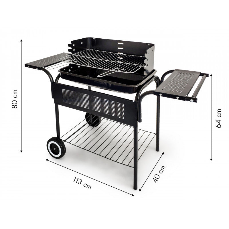 Kerti grill, fém polcokkal, állítható rács, görgők