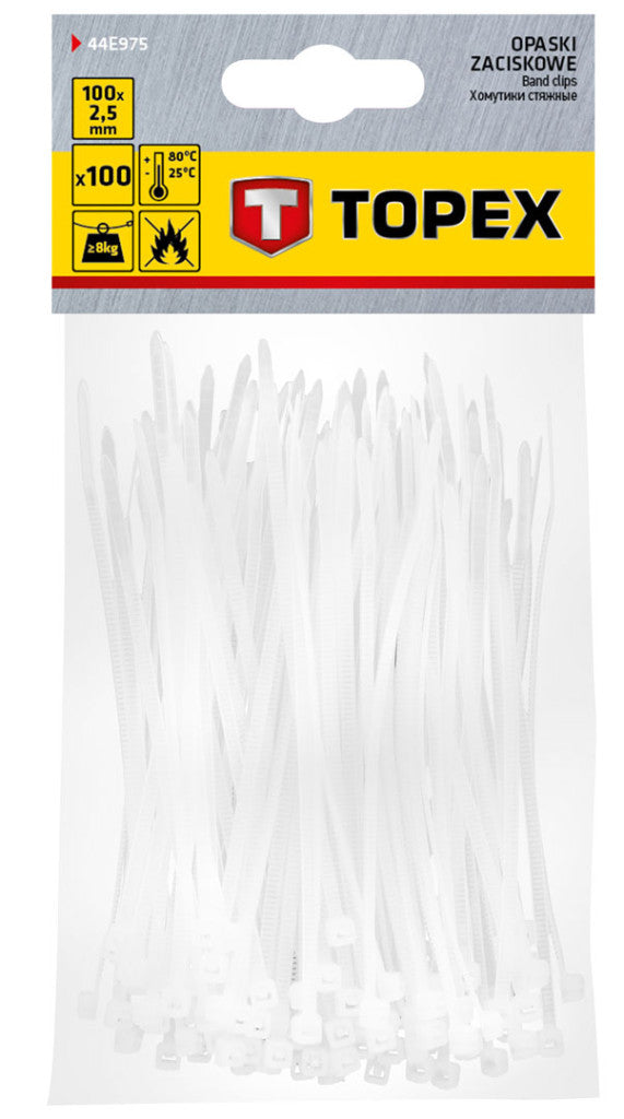 TOPEX KÁBELKÖTEGELŐ, gyorskötöző, 2,5mm x 100mm, fehér, 100db 44E975