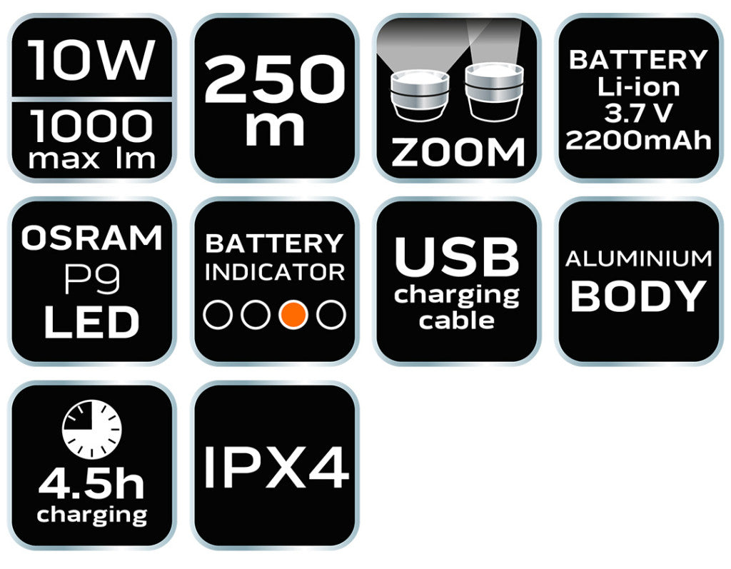 NEO TOOLS Zseblámpa tölthető, USB, 1000lum, OSRAM P9 LED, 10W 99-035