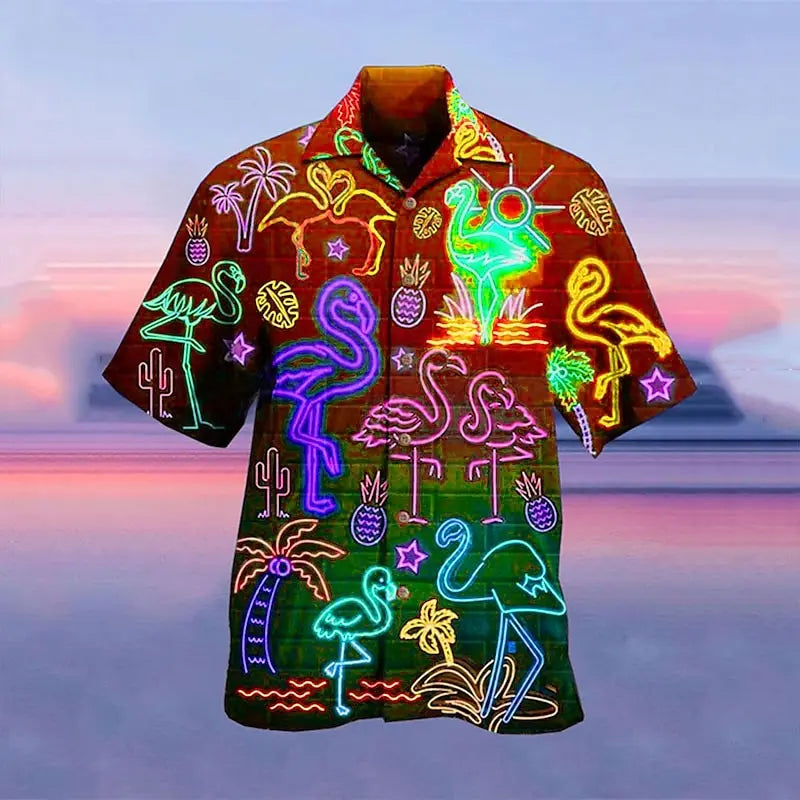 Férfi ing, hawaii ing, camp póló, fluoreszkáló 3D nyomtatású, utcai, lezser, rövid ujjú ruházat, divatos, hétköznapi