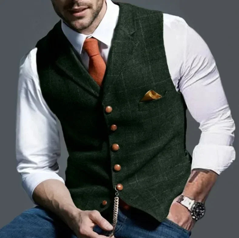 Férfi lezser klasszikus öltönymellény retró pamutkeverék tweed öltöny bélelt mellény S-3XL