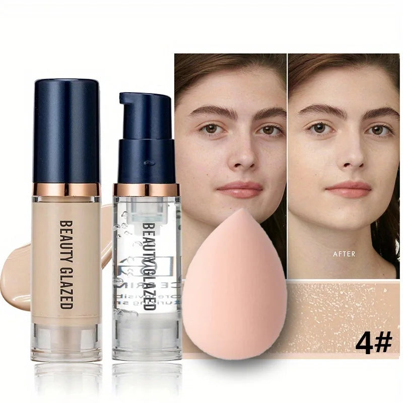 BEAUTY GLAZED 3 darabos arcsmink készlet, matt, tartós, vízálló folyékony alapozó + primer + puff