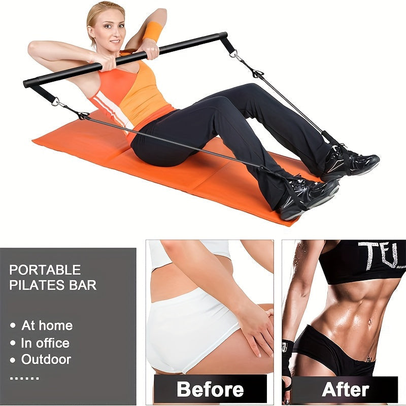 8db Készlet - Pilates Bar Készlet 4 Ellenállási Szalaggal (63.5 KG) 8 részes rózsaszín【63.5 kg】