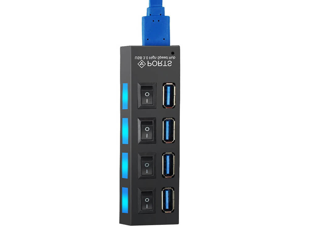 4 portos USB elosztó beépített kapcsolókkal, többeszközös csatlakoztatáshoz