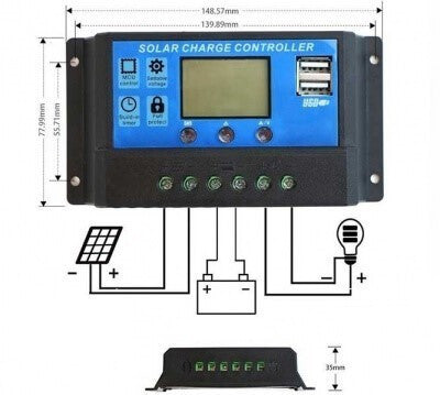 30A-es 36V Napelem Töltésvezérlő USB Kimenettel és LCD Kijelzővel, Napenergia Rendszerekhez