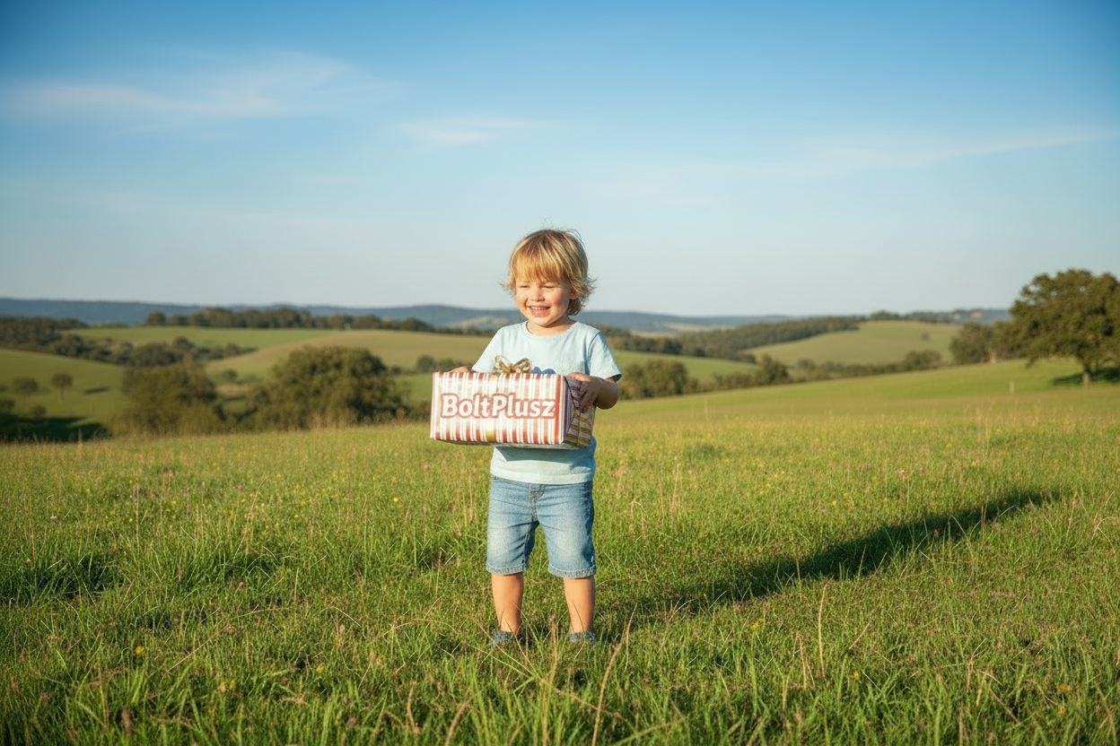 Gyermek egy BoltPlusz feliratú dobozt tart a kezében