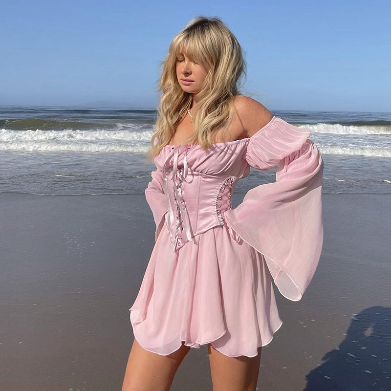 Tündérrózsaszín sifon mini ruha, sikkes női fűző, vintage hosszú puffos ujjú nyári ruha, peremnyakú koszorúslány testhezálló strandruha