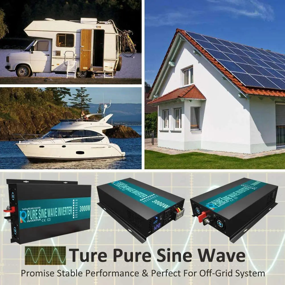 Megbízható tiszta szinuszhullámú napelemes inverter 1000W/1500W/2000W/2500W/3000W/5000W 12V/24V/48V DC - 120V/220VAC tápegység-átalakító