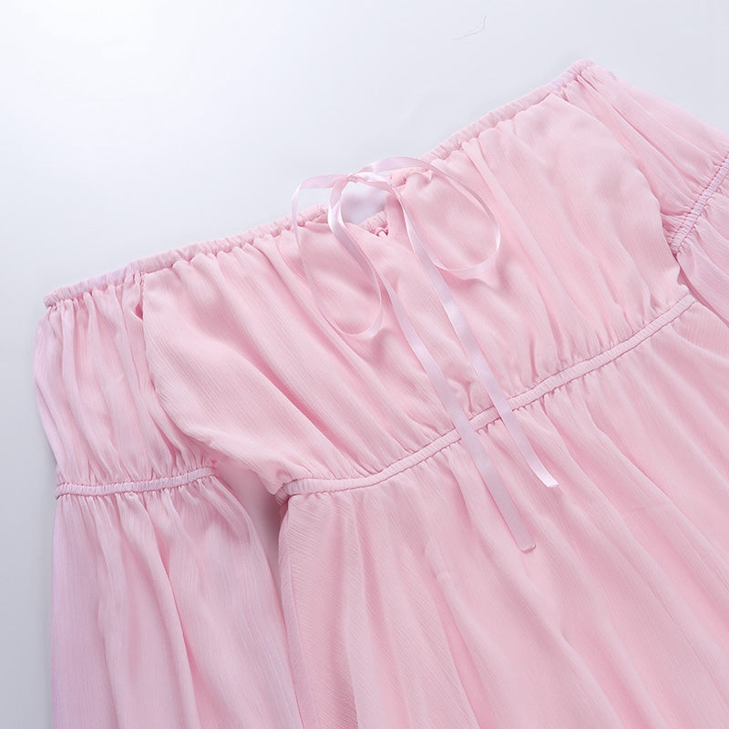Tündérrózsaszín sifon mini ruha, sikkes női fűző, vintage hosszú puffos ujjú nyári ruha, peremnyakú koszorúslány testhezálló strandruha