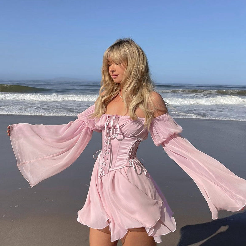 Tündérrózsaszín sifon mini ruha, sikkes női fűző, vintage hosszú puffos ujjú nyári ruha, peremnyakú koszorúslány testhezálló strandruha