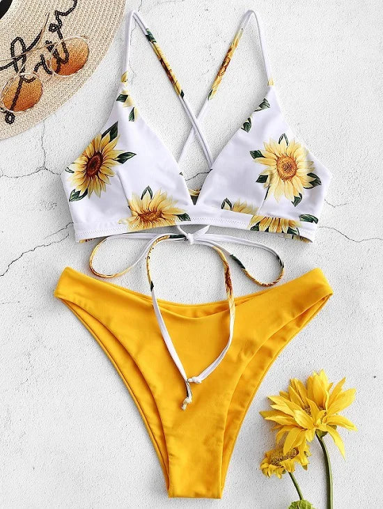 Napraforgónyomott bikiniszett szexi fürdőruha nőknek 2025 mujer push-up párnázott bikini fürdőruha kötszer fürdőruha bikini