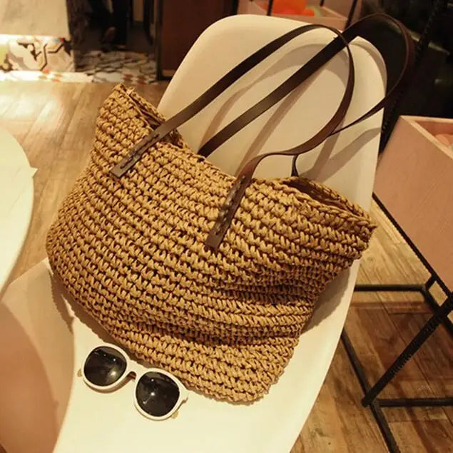 Női kézitáska, nyári strandtáska, rattan szőtt, kézzel kötött, szalma, nagy kapacitású táskák, bőr női válltáska, bohém, új