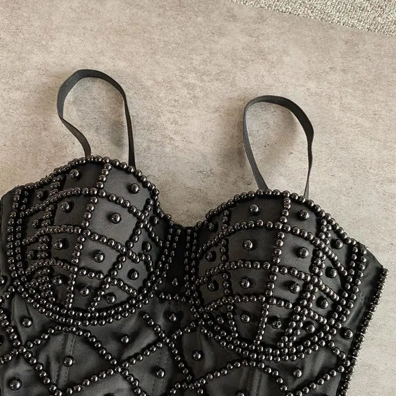 Teljes gyöngyökkel ellátott női fűző felső, női camis éjszakai klub gyöngyökkel, rövid mellkasi kötőanyaggal, szexi camisole mujer fehérnemű cső melltartó debardeur