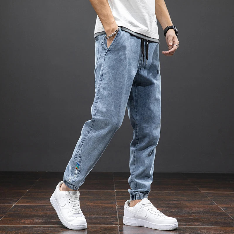 Tavaszi-nyári fekete kék cargo farmer férfi utcai viselet farmer jogger nadrág férfi bő farmer nadrág plus size