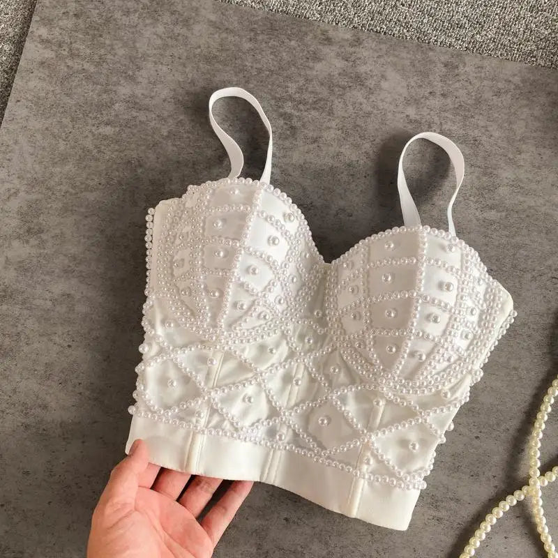 Teljes gyöngyökkel ellátott női fűző felső, női camis éjszakai klub gyöngyökkel, rövid mellkasi kötőanyaggal, szexi camisole mujer fehérnemű cső melltartó debardeur