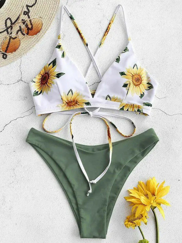 Napraforgónyomott bikiniszett szexi fürdőruha nőknek 2025 mujer push-up párnázott bikini fürdőruha kötszer fürdőruha bikini