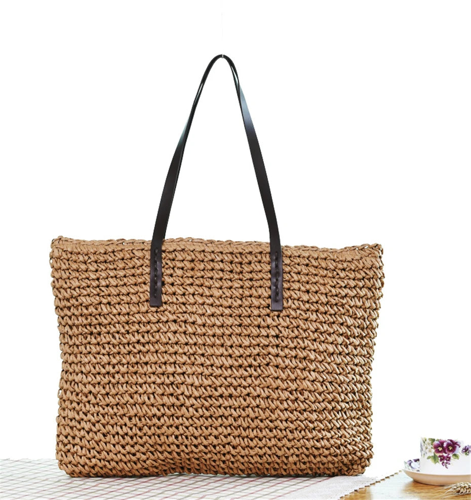 Női kézitáska, nyári strandtáska, rattan szőtt, kézzel kötött, szalma, nagy kapacitású táskák, bőr női válltáska, bohém, új