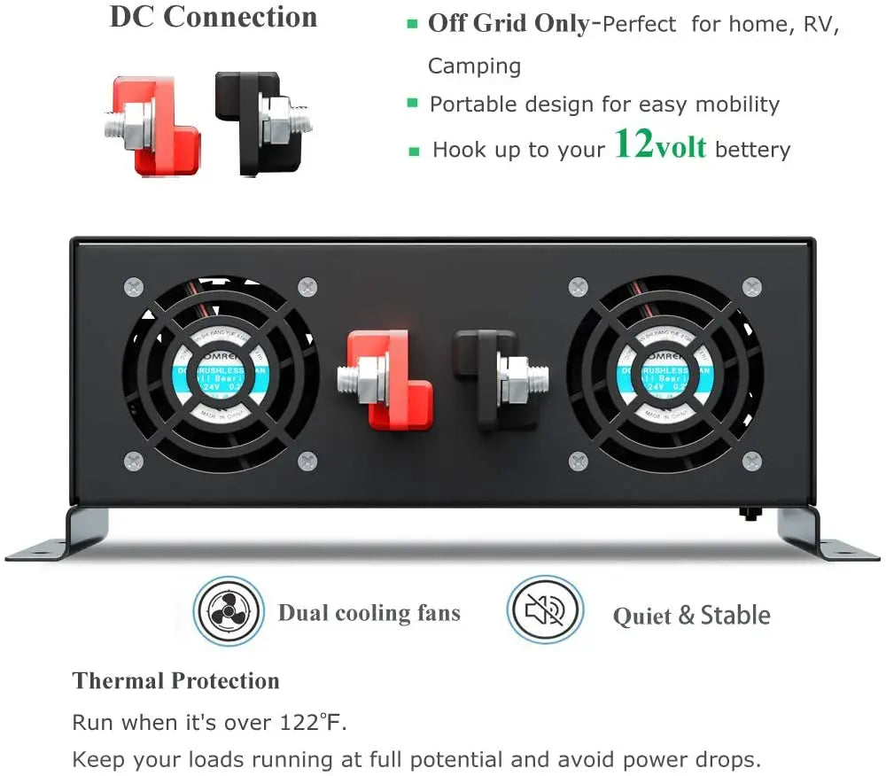 Megbízható tiszta szinuszhullámú napelemes inverter 1000W/1500W/2000W/2500W/3000W/5000W 12V/24V/48V DC - 120V/220VAC tápegység-átalakító
