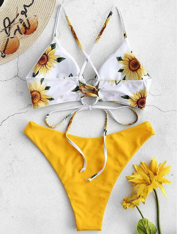 Napraforgónyomott bikiniszett szexi fürdőruha nőknek 2025 mujer push-up párnázott bikini fürdőruha kötszer fürdőruha bikini