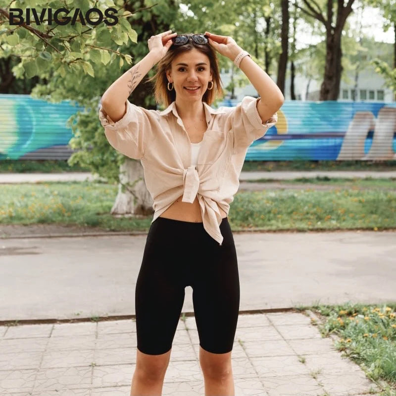 BIVIGAOS tavaszi-nyári rugalmas cápabőr térdig érő rövid motoros nadrág női magas derekú szexi testépítő sportnadrág fekete szürke