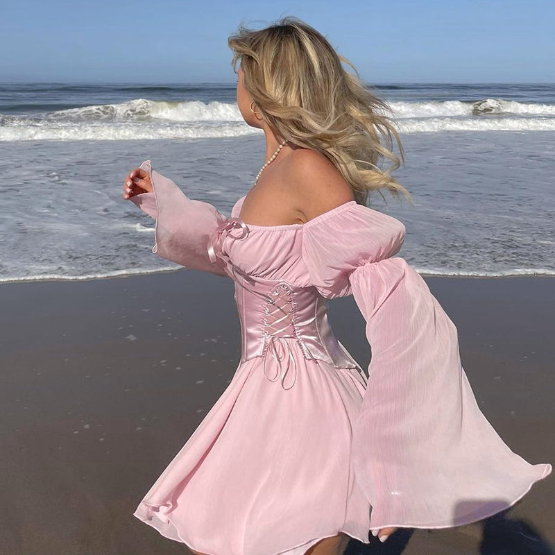 Tündérrózsaszín sifon mini ruha, sikkes női fűző, vintage hosszú puffos ujjú nyári ruha, peremnyakú koszorúslány testhezálló strandruha