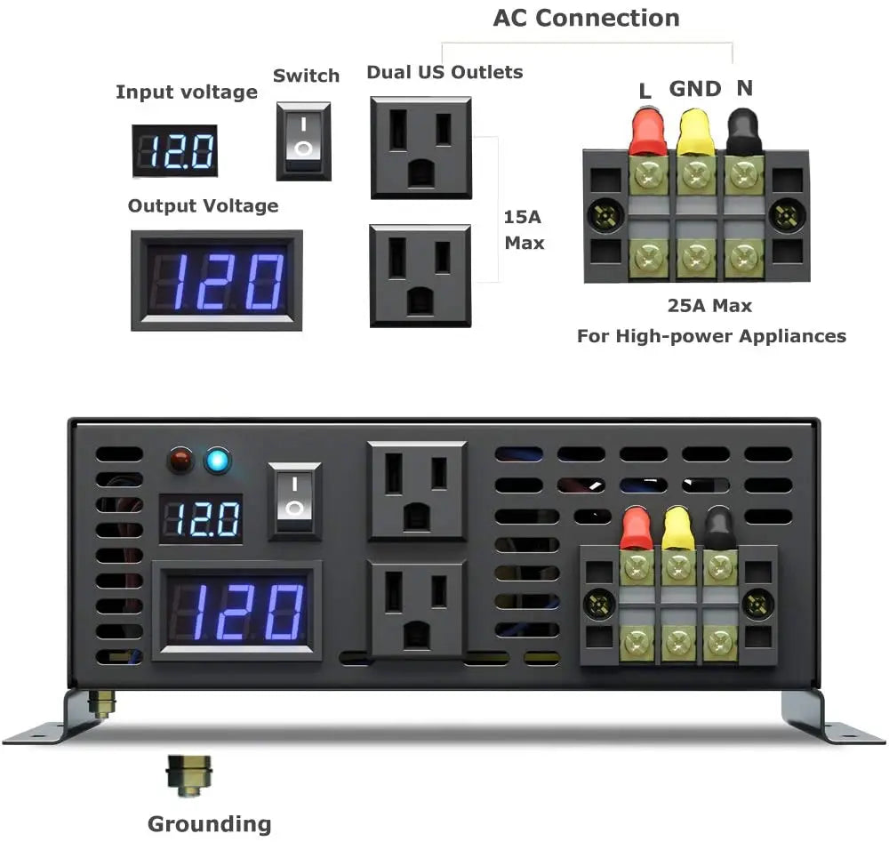 Megbízható tiszta szinuszhullámú napelemes inverter 1000W/1500W/2000W/2500W/3000W/5000W 12V/24V/48V DC - 120V/220VAC tápegység-átalakító