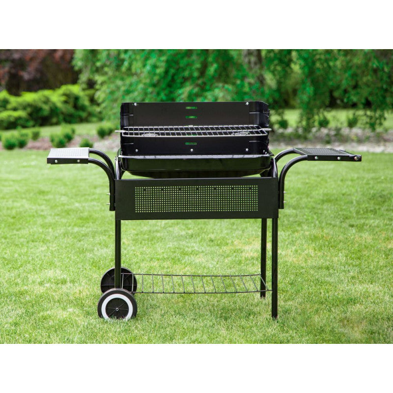 Kerti grill, fém polcokkal, állítható rács, görgők