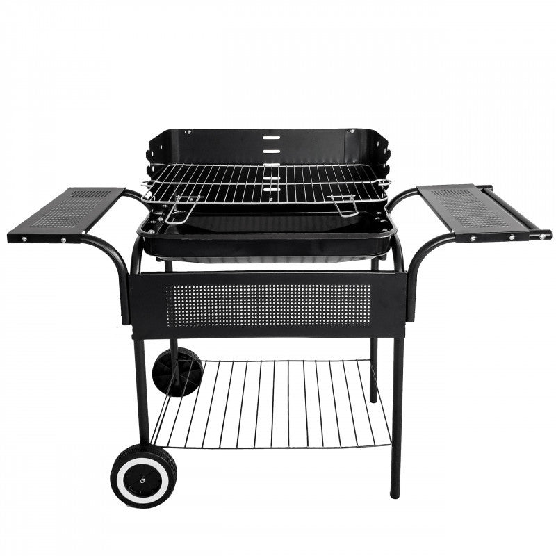 Kerti grill, fém polcokkal, állítható rács, görgők