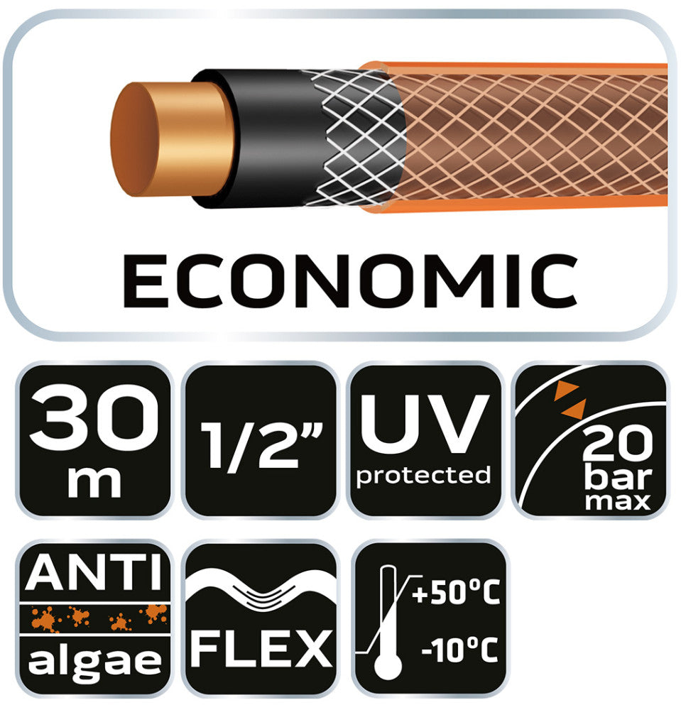 NEO TOOLS Locsolótömlő 1/2"x30 m, 4 rétegű ECONOMIC 15-801