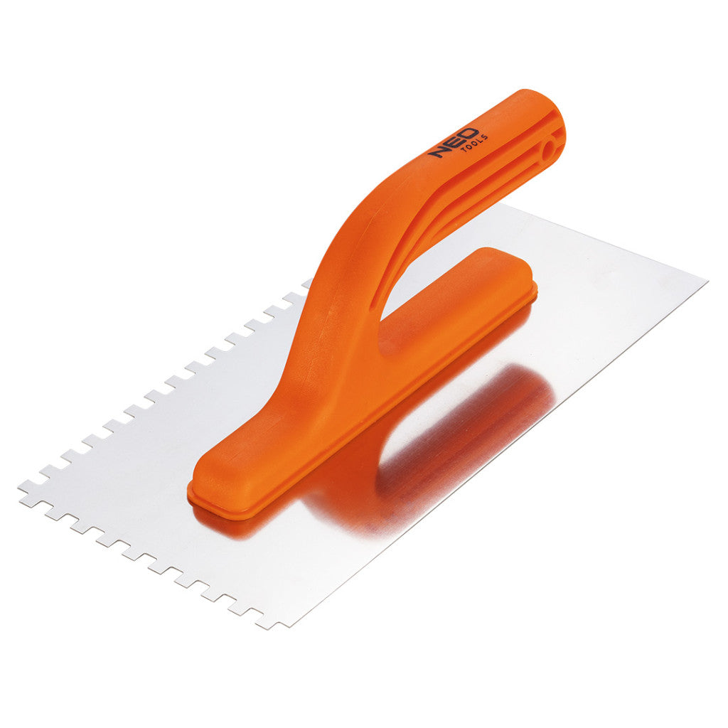 NEO TOOLS Acél simító, fogazott, rozsdamentes, 270x125mm, 6x6x6mm, műanyag markolat 50-204