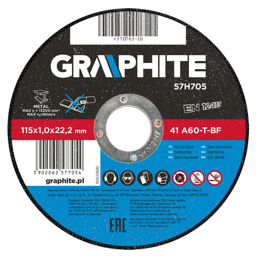 GRAPHITE Vágókorong fémhez 115x1.0x22mm, 41 A60-T-BF 57H705