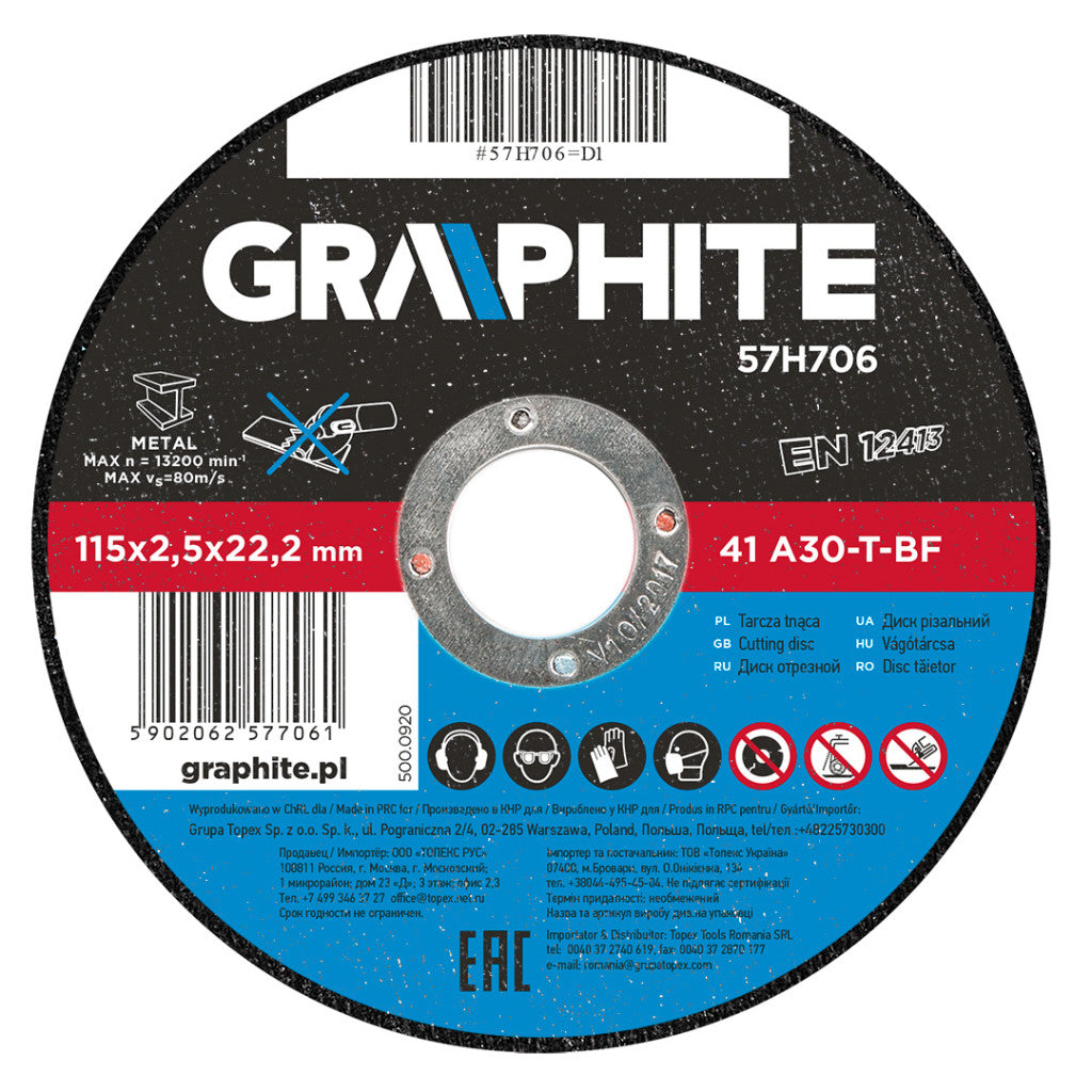 GRAPHITE Vágókorong fémhez 115x2.5x22mm, 41 A30-T-BF 57H706