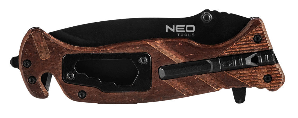 NEO TOOLS Összecsukható Túlélőkés, 22cm, 6 az 1-ben: kés, síp, kovakő, csavarkulcs, szíjvágó, üvegtörő, penge: 9cm 63-107