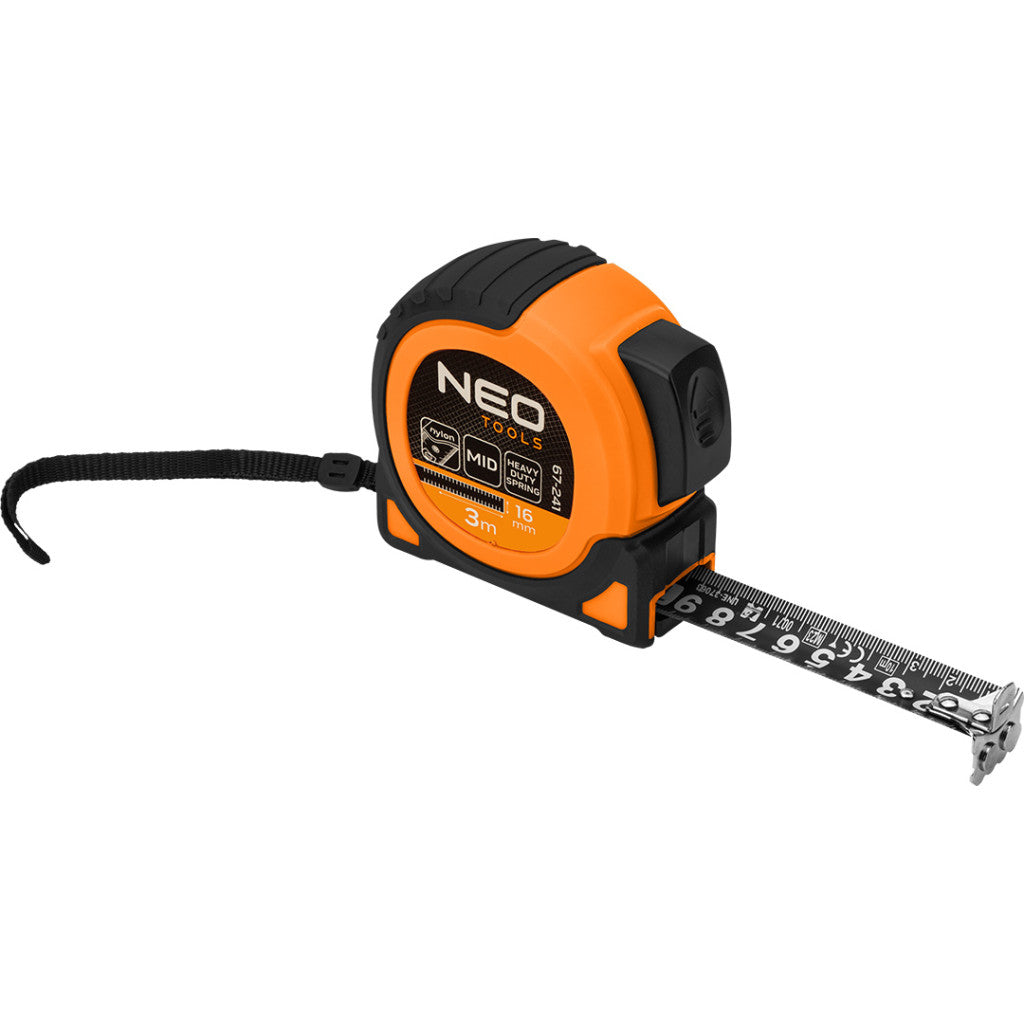 NEO TOOLS Mérőszalag, 3m/16mm, erősített rugós, acél, fekete szalag fehér nagyított skálával, mágneses, autostop+rögzítő 67-241