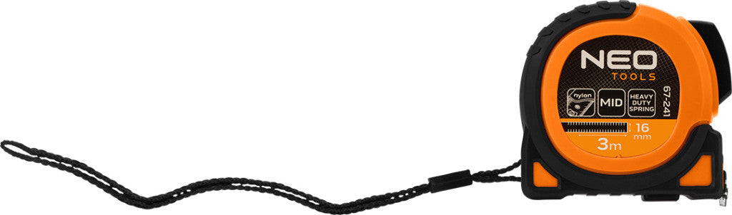 NEO TOOLS Mérőszalag, 3m/16mm, erősített rugós, acél, fekete szalag fehér nagyított skálával, mágneses, autostop+rögzítő 67-241
