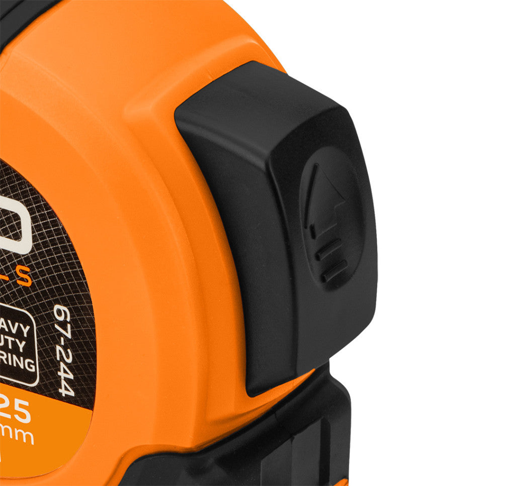 NEO TOOLS Mérőszalag, 7,5m/25mm, erősített rugós, acél, fekete szalag fehér nagyított skálával, mágneses, autostop+rögzítő 67-244