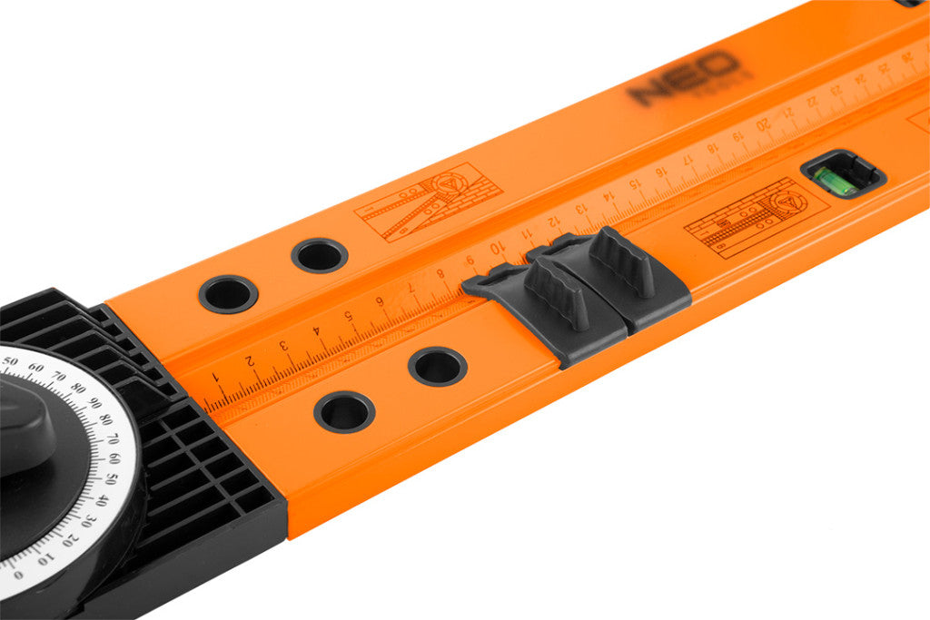 NEO TOOLS Szögmérő alumínium házas, vízmértékkel, jelölő ceruzával 72-225