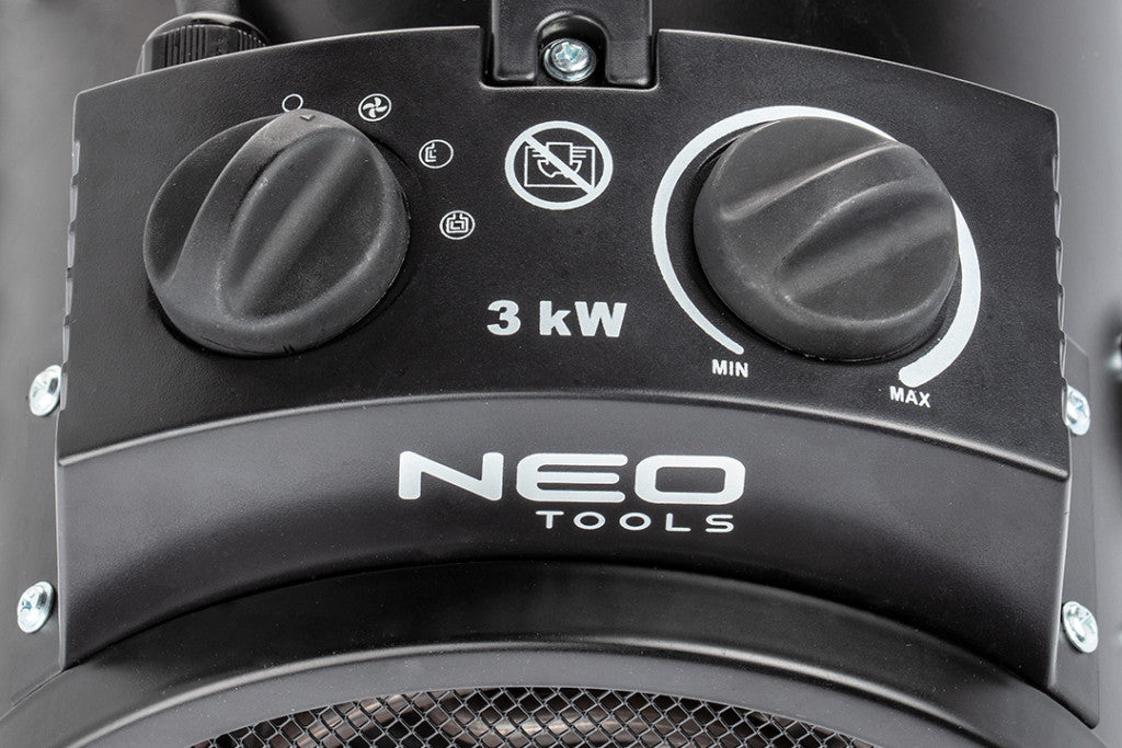 NEO TOOLS Ipari elektromos hősugárzó 3kW, állíth. üzemmód, IPX4(vizálló), állíth. szög, szabadonálló, 354 m3/h 2 év garanciával 90-068