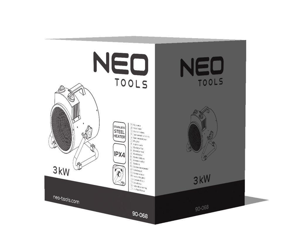 NEO TOOLS Ipari elektromos hősugárzó 3kW, állíth. üzemmód, IPX4(vizálló), állíth. szög, szabadonálló, 354 m3/h 2 év garanciával 90-068
