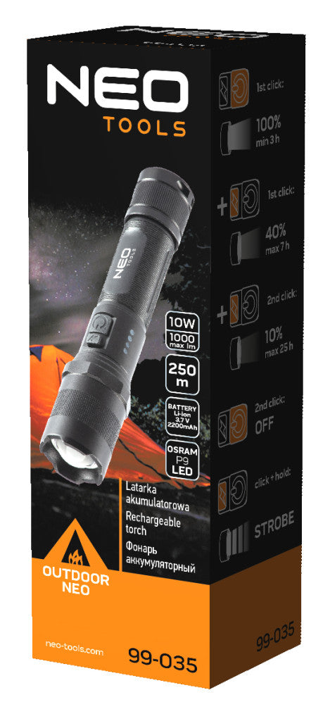 NEO TOOLS Zseblámpa tölthető, USB, 1000lum, OSRAM P9 LED, 10W 99-035