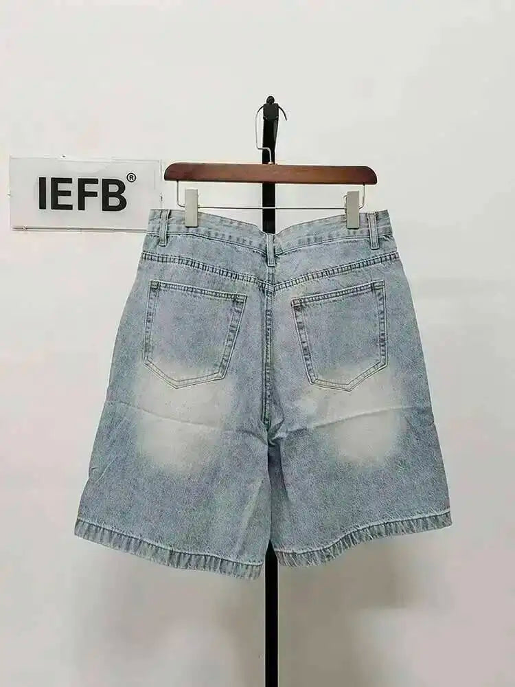 IEFB Nyári Férfi Lezser Farmer Rövidnadrág Laza Közepes Magas Derekú Divat Térdhosszúságú Farmer Rövid Nadrág Vintage Férfi Új Koreai