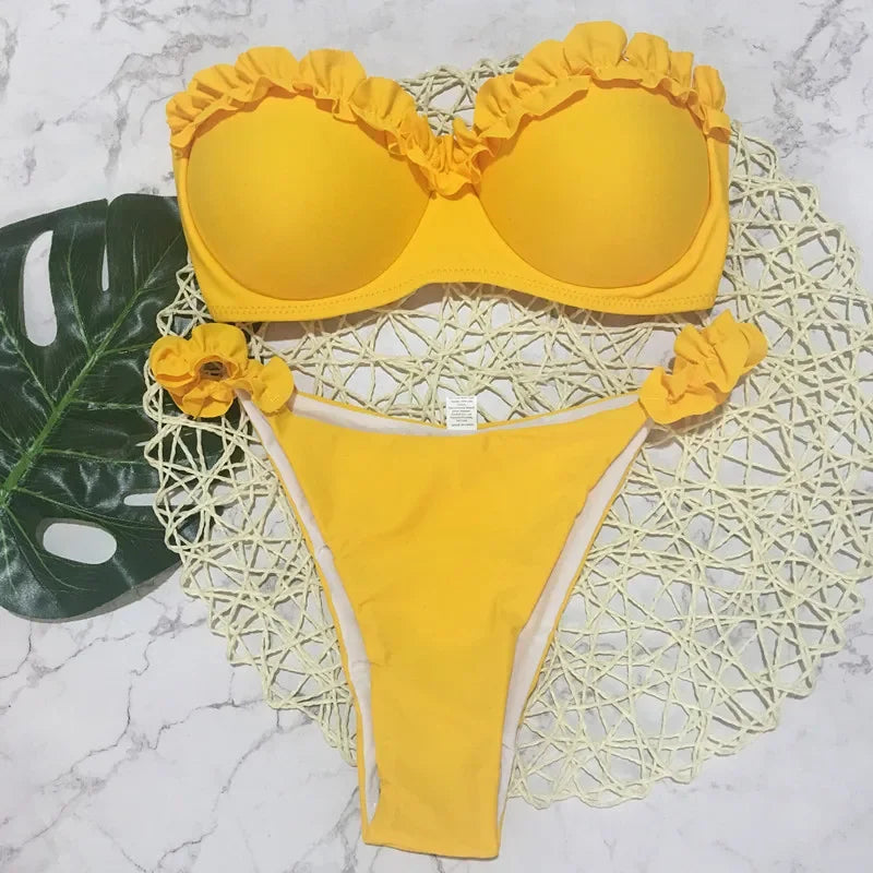 Szexi fodros, fodros melltartós bikini 2026 női bandeau fürdőruha női fürdőruha kétrészes bikiniszett push up fürdőruha úszás