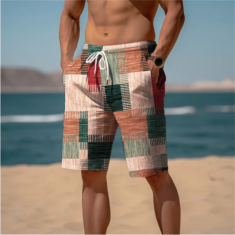 Vintage Patchwork Mintás Strandnadrág Férfiaknak Divatos Hétköznapi Nyári 3D Műszövet Nyomtatott Fürdőruhák Laza Utcai Rövid Nadrág