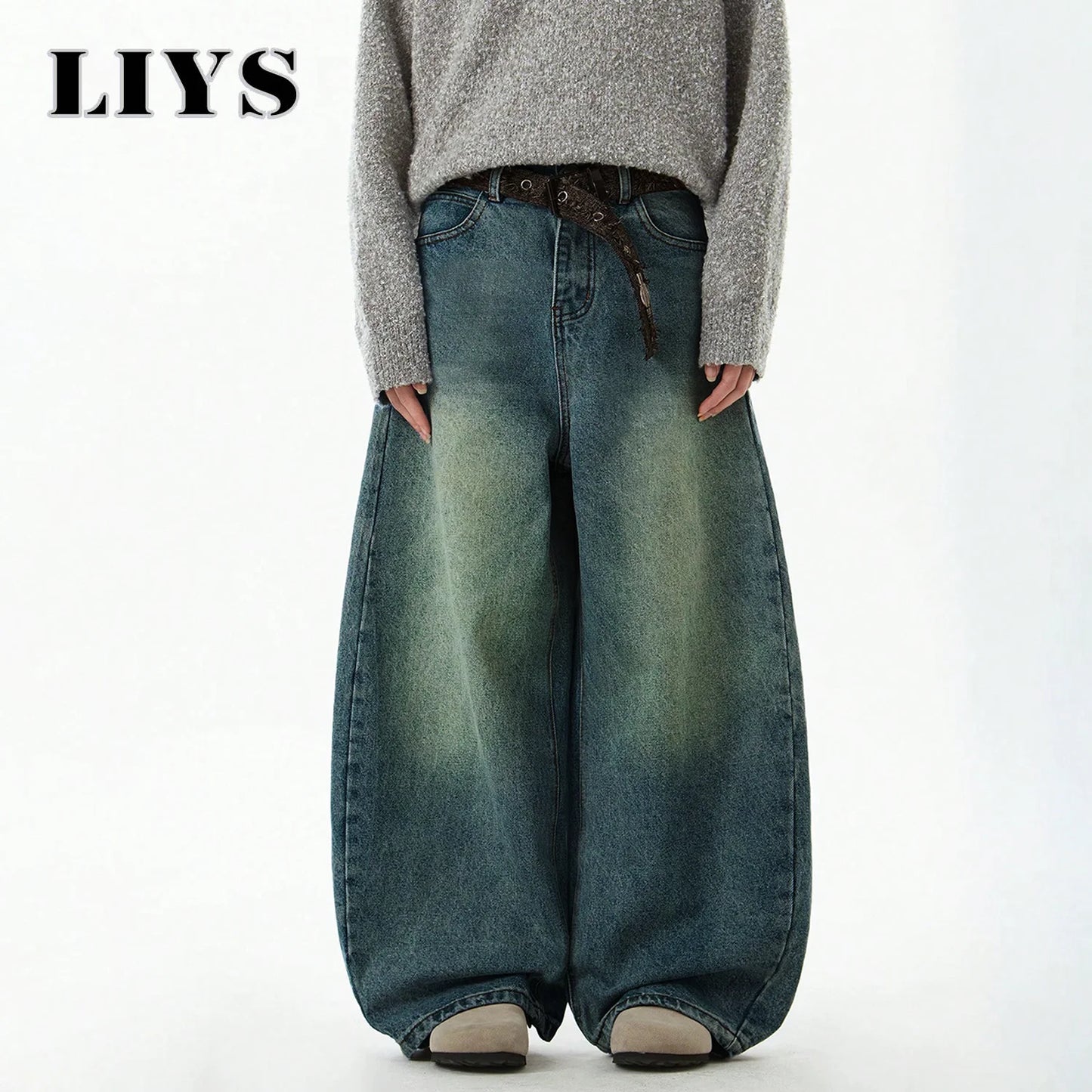 Férfi divat Kék széles szárú farmernadrág Bő farmer Vintage háromdimenziós szabású ívelt késfarmer Laza szabású nyári új trend