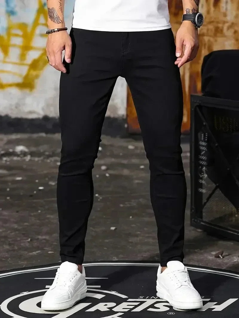 Férfi farmer, rugalmas, vékony, egyszínű, fekete, kék, tavaszi, luxus utcai, harajuku, hip-hop stílusú, nadrág, márka