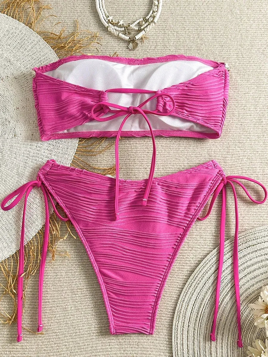 XS - XL Bandeau ráncos, magas kivágású bikini női fürdőruha női fürdőruha kétrészes bikiniszett kagyló fürdőruha úszás