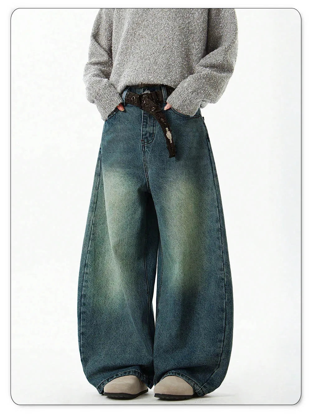 Férfi divat Kék széles szárú farmernadrág Bő farmer Vintage háromdimenziós szabású ívelt késfarmer Laza szabású nyári új trend