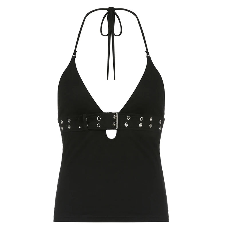 y2k Bandage Crop Top Fekete Hát nélküli Felső Fűzős Aranyos Party Strand Női Retro Alap Punk