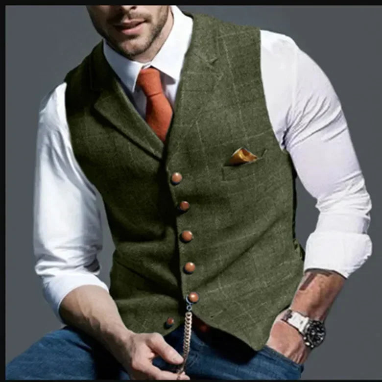 Férfi lezser klasszikus öltönymellény retró pamutkeverék tweed öltöny bélelt mellény S-3XL